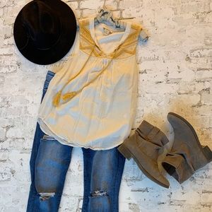 LUCKY Brand Boho Cream and Gold Tank with Tassels